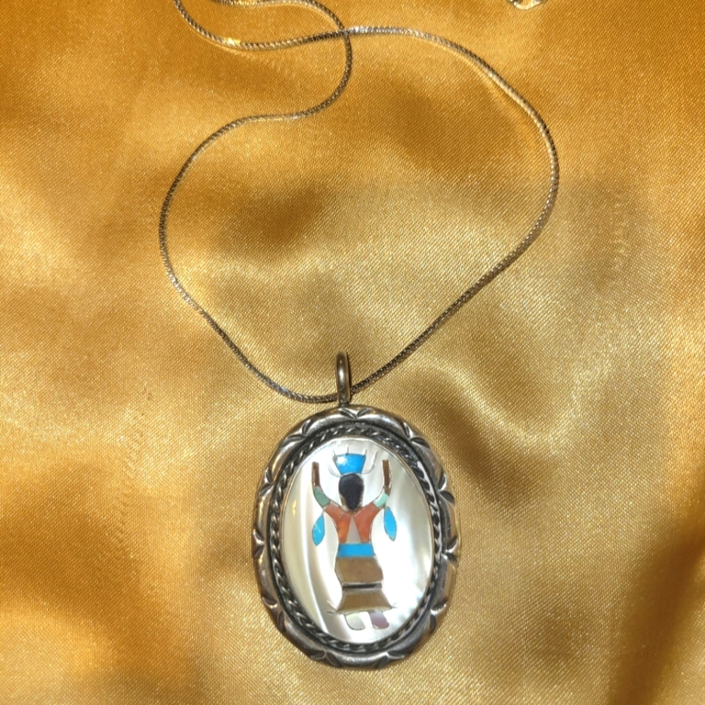 Sterling Silver Pendant Necklace. Turquoise and Mother of Pearl Inlay. Vintage